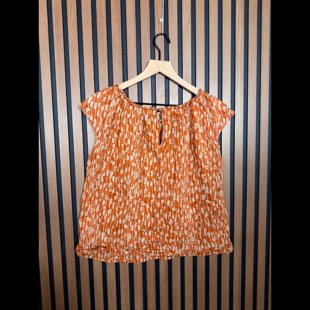 Michael Kors Popover Blouse Women’s 8 Petite Orange Geometric Short Sleeve 100% - Picture 2 of 6